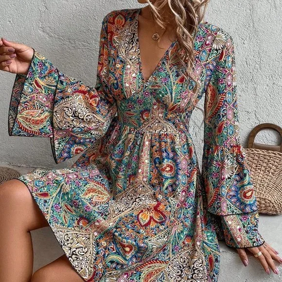 Multicolor Boho Women's Floral Print V-Neck Dress - Picture 2 of 5